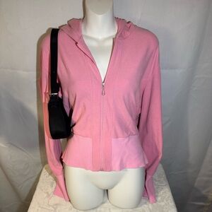 Blush Pink Peplum Hem Zip Hoodie Soft Stretch Jacket